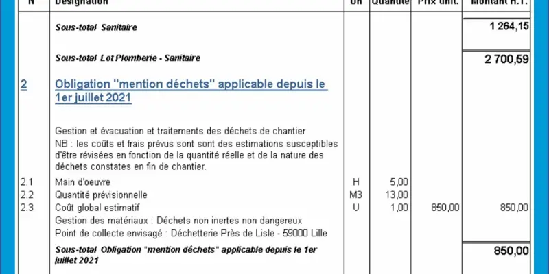 Devis pour gestion des déchets