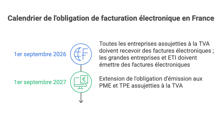 Schéma sur le calendrier de l'obligation de facturation électronique en France